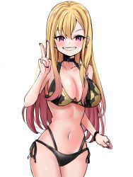Rule 34 | 1girl, absurdres, bikini, black bikini, blonde hair, bracelet, breasts, choker, collarbone, cowboy shot, earrings, female focus, floral print, gradient background, grin, highres, jewelry, kitagawa marin, large breasts, long hair, looking at viewer, midriff, multicolored hair, nail polish, navel, nisage, parted lips, pink eyes, pink hair, pink nails, ring, shiny skin, side-tie bikini bottom, simple background, smile, sono bisque doll wa koi wo suru, standing, stud earrings, swimsuit, thighs, v, white background