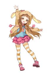 Rule 34 | 1girl, absurdres, animal hood, arm up, blush, brown hair, brown jacket, full body, highres, hood, hooded jacket, ichihara nina, idolmaster, idolmaster cinderella girls, jacket, karasu btk, layered skirt, looking at viewer, outstretched arms, pantyhose, pom pom (clothes), rabbit hood, sidelocks, simple background, skirt, smile, solo, striped clothes, striped pantyhose, white background