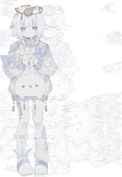 Rule 34 | 1girl, absurdres, bandaid, bandaid on leg, bare legs, bob cut, closed mouth, full body, glitch, halo, highres, jacket, long sleeves, looking at viewer, melting halo, mole, mole under eye, original, own hands together, pocket watch, russian commentary, short hair, slept sui, solo, standing, stuffed animal, stuffed rabbit, stuffed toy, teardrop, watch, white background, white hair, white jacket, zipper, zipper pull tab