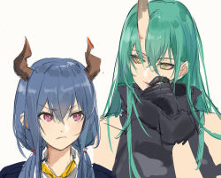 arknights bare_shoulders black_gloves blue_hair ch&#039;en_(arknights) closed_mouth douya_(233) eyebrows gloves green_hair hair_between_eyes horns hoshiguma_(arknights) long_hair low_twintails red_eyes skin-covered_horns twintails yellow_eyes