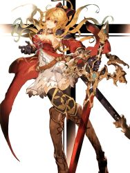 Rule 34 | 10s, 1girl, armor, armored dress, black bow, black gloves, black thighhighs, blonde hair, boots, bow, breasts, brown footwear, cleavage, cross, cross-laced footwear, dress, female focus, gauntlets, gloves, glowing, glowing eye, granblue fantasy, greaves, hair bow, highres, holding, holding sword, holding weapon, lace-up boots, large breasts, long hair, original, red eyes, ribbon, scabbard, sheath, so-bin, solo, sword, thighhighs, vira (granblue fantasy), weapon, zettai ryouiki