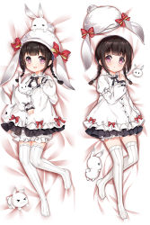 Rule 34 | &gt; &lt;, 1girl, :3, :d, animal, animal bag, animal ears, animal hat, bed sheet, black skirt, bloomers, blunt bangs, blush, braid, brown hair, commentary request, daki-makura, dakimakura (medium), dress, fingernails, girls&#039; frontline, hat, layered sleeves, long hair, long sleeves, looking at viewer, low twintails, lying, m99 (girls&#039; frontline), m99 (rabbit squad) (girls&#039; frontline), multiple views, no shoes, official alternate costume, on back, open mouth, parted lips, pleated skirt, pointing, pointing at self, puffy long sleeves, puffy short sleeves, puffy sleeves, purple eyes, rabbit, rabbit bag, rabbit ears, rabbit hat, short over long sleeves, short sleeves, sidelocks, skirt, sleeves past wrists, smile, striped clothes, striped thighhighs, thighhighs, third-party source, twin braids, twintails, underwear, unworn hat, unworn headwear, vertical-striped clothes, vertical-striped thighhighs, white bloomers, white dress, white hat, white thighhighs