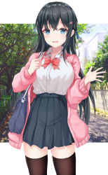 Rule 34 | 1girl, absurdres, bag, black hair, black thighhighs, blue eyes, blue skirt, blurry, blurry background, blush, bow, bowtie, building, cardigan, collared shirt, dress shirt, hair ornament, hand up, highres, long hair, long sleeves, looking at viewer, neon (hhs9444), original, outdoors, parted lips, pink cardigan, pleated skirt, red bow, red bowtie, road, school bag, school uniform, shirt, skirt, solo, standing, street, thighhighs, tree, white shirt, zettai ryouiki