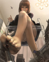 Rule 34 | 1girl, aircraft, anus, barefoot, blood, ceiling light, chair, city, destruction, feet, from below, giant, giantess, hand to own mouth, helicopter, highres, no panties, original, short hair, sitting, solo, train, transparent, uru (uru0000)