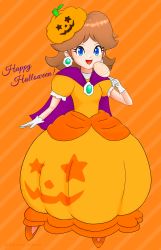 Rule 34 | 1girl, absurdres, blue eyes, brown hair, candy, cape, costume, dress, food, full body, gloves, grin, halloween, happy, hat, highres, looking at viewer, mario (series), nintendo, open mouth, orange dress, princess daisy, puffy short sleeves, puffy sleeves, pumpkin, pumpkin costume, short sleeves, smile, solo, super mario bros. 1, super mario land, tomboy