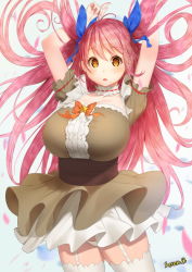 Rule 34 | 1girl, arms behind head, bad id, bad pixiv id, breasts, brown dress, cleavage, cowboy shot, dress, garter straps, huge breasts, impossible clothes, jellytits-7, looking at viewer, open mouth, orange eyes, original, pink hair, short dress, solo, thighhighs, thighs, twintails, white thighhighs