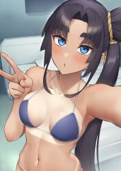Rule 34 | 1girl, alternate costume, bikini, black hair, blue bikini, blue eyes, breasts, collarbone, commentary request, fate/grand order, fate (series), highres, long hair, looking at viewer, medium breasts, navel, pinta (ayashii bochi), side ponytail, solo, stomach, swimsuit, tan, tanline, ushiwakamaru (fate), ushiwakamaru (fate/grand order), ushiwakamaru (swimsuit assassin) (fate), ushiwakamaru (swimsuit assassin) (first ascension) (fate), v, very long hair