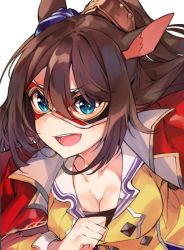 Rule 34 | 1girl, :d, animal ears, blue eyes, breasts, brown hair, cleavage, el condor pasa (umamusume), horse ears, horse girl, jacket, long hair, looking at viewer, mask, medium breasts, open clothes, open jacket, open mouth, ponytail, red jacket, round teeth, simple background, smile, solo, teeth, tuxedo de cat, umamusume, upper body, white background