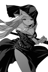 Rule 34 | 1girl, belt, breasts, bridal gauntlets, cleavage, closed mouth, collarbone, cross, cross necklace, expressionless, greyscale, highres, holding, holding sheath, holding sword, holding weapon, jewelry, long hair, monochrome, necklace, nun, original, rasetsu001, scabbard, sheath, simple background, solo, sword, torn, torn clothes, weapon, white background
