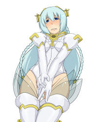 Rule 34 | 1girl, apokaridebu, ar tonelico, ar tonelico i, blue eyes, blue hair, bodysuit, braid, covering privates, covering crotch, embarrassed, female focus, headdress, long hair, matching hair/eyes, shurelia (ar tonelico), simple background, solo, thighhighs, twin braids, very long hair, white background