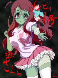 Rule 34 | 10s, 1girl, absolute territory, ahoge, bandaged leg, bandages, bow, breasts, cameltoe, colored skin, covered erect nipples, green skin, hair bow, hair ornament, long hair, looking at viewer, medium breasts, minamoto sakura, nolia, red eyes, red hair, scar, scar on face, scar on forehead, solo, standing, thighhighs, thighs, zombie, zombie land saga