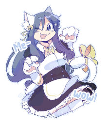 Rule 34 | animal ears, apron, bell, blue hair, bow, cat ears, cat girl, cat hair ornament, cat tail, english text, hair ornament, highres, jingle bell, long hair, maid, maid apron, naganohara yoshino, nichijou, simple background, snowii cat, tail, white background