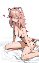 Rule 34 | 1girl, :p, animal ear fluff, animal ears, arknights, bare shoulders, bed sheet, bikini, black nails, black ribbon, blush, breasts, bright pupils, cleavage, closed mouth, gravel (arknights), highres, large breasts, long hair, looking at viewer, nail polish, pink hair, red eyes, ribbon, side-tie bikini bottom, siguya, simple background, sitting, smile, solo, swimsuit, tongue, tongue out, white background