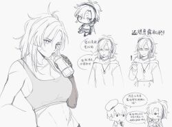 Rule 34 | 1boy, 1girl, abs, angelia (girls&#039; frontline), bottle, breasts, chibi, commander (girls&#039; frontline), commentary request, crossed arms, girls&#039; frontline, headphones, hood, hoodie, large breasts, mechanical arms, midriff, monochrome, navel, scar, scar on stomach, single mechanical arm, sports bra, toned, translation request, ufbiomass