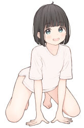 Rule 34 | 1girl, 1ssakawaguchi, :d, absurdres, ahoge, arm support, bare legs, barefoot, black hair, blue eyes, blunt bangs, blunt ends, blush, bob cut, collarbone, dot nose, full body, hands on ground, highres, ichika (1ssakawaguchi), kneeling, leaning forward, looking at viewer, no pants, open mouth, original, revision, shirt, short hair, short sleeves, simple background, smile, solo, spread legs, straight hair, t-shirt, tareme, tiptoes, toes, white background, white shirt