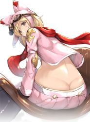 Rule 34 | 10s, 1girl, alternate costume, ass, back, black gloves, blonde hair, brown eyes, butt crack, djeeta (granblue fantasy), gloves, goggles, granblue fantasy, hat, long sleeves, looking at viewer, looking back, nakano sora, red scarf, scarf, short hair, simple background, sitting, solo, white background