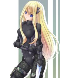 Rule 34 | 1girl, adjusting clothes, blonde hair, blue eyes, bodysuit, camouflage, duel monster, expressionless, female focus, formal, g.b hunter, hair between eyes, head tilt, knife, leotard, long hair, looking at viewer, parted lips, simple background, skin tight, solo, standing, suit, turtleneck, weapon, yu-gi-oh!, yu-gi-oh! duel monsters, yuu-gi-ou