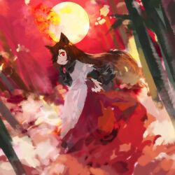 Rule 34 | 1girl, animal ears, bamboo, bamboo forest, brooch, brown hair, commentary request, dress, fingernails, forest, full body, hair over one eye, highres, imaizumi kagerou, jewelry, kaigen 1025, long dress, long hair, long sleeves, nature, open mouth, red brooch, red eyes, red nails, red sky, sharp fingernails, sky, smile, solo, touhou, white dress, wolf ears, wolf girl