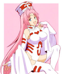 Rule 34 | 1girl, :d, ahoge, antenna hair, blue eyes, breasts, breasts apart, elbow gloves, fingerless gloves, gloves, hair intakes, houshin engi, koroni (nkrgs), large breasts, leotard, long hair, looking at viewer, open mouth, pink background, pink hair, sash, sitting, smile, so dakki, solo, thighhighs, two-tone background, very long hair, white background, white gloves, white leotard, white thighhighs
