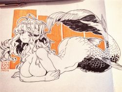 Rule 34 | 2018, animal ears, ass, breasts, fins, hair ornament, highres, large breasts, long hair, looking at viewer, lying, mermaid, monster girl, on stomach, original, poch4n, seashell, shell, simple background, smile, top-down bottom-up, topless, traditional media