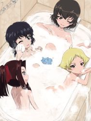 Rule 34 | 10s, 2016, 4girls, :&gt;, :o, back, bare back, bath, bathing, bathroom, black hair, blonde hair, blue eyes, blush, breasts, brown eyes, brown hair, bubble bath, bukkuri, caesar (girls und panzer), cleavage, dated, erwin (girls und panzer), girls und panzer, hair ornament, hair ribbon, head rest, indoors, knees up, large breasts, leaning forward, looking at another, looking at viewer, multiple girls, nude, one eye closed, oryou (girls und panzer), outstretched hand, parted lips, ponytail, reclining, ribbon, saemonza (girls und panzer), same-sex bathing, shared bathing, short hair, signature, soap bubbles, tile wall, tiles, towel, triangle mouth, wince