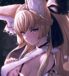 Rule 34 | 1girl, animal ear fluff, animal ears, bare shoulders, black bow, black choker, blonde hair, blurry, bow, braid, breasts, choker, commentary request, depth of field, fox ears, french braid, granblue fantasy, hair bow, ibuki notsu, large breasts, long hair, looking at viewer, purple eyes, smile, solo, upper body, yuisis (granblue fantasy)