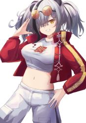 Rule 34 | 1girl, animal ears, arknights, bad id, bad pixiv id, black hair, breasts, commentary, cowboy shot, crop top, eyewear on head, feater (arknights), feater (gourmet) (arknights), grin, hair over one eye, highres, jacket, large breasts, long hair, long sleeves, looking at viewer, midriff, multicolored hair, navel, official alternate costume, open clothes, open jacket, panda ears, pants, red jacket, shirt, simple background, smile, solo, standing, stomach, streaked hair, sunglasses, tokoi, twintails, white background, white pants, white shirt, yellow eyes