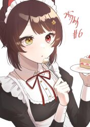 Rule 34 | 1girl, animal ears, black dress, braid, brown hair, cake, collared dress, dog ears, dress, flower, food, french braid, hair flower, hair ornament, heterochromia, highres, holding, holding plate, holding spoon, inui toko, inui toko (7th costume), juliet sleeves, light blush, long sleeves, maid headdress, mitora nao, neck ribbon, nijisanji, open mouth, parted bangs, plate, puffy sleeves, red eyes, red ribbon, ribbon, sidelocks, simple background, solo, spoon, strawberry shortcake, upper body, virtual youtuber, white background, white wristband, yellow eyes