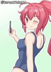 Rule 34 | 1girl, ahoge, blue one-piece swimsuit, cellphone, from behind, gradient background, highres, i-168 (kancolle), kantai collection, kurano kisuke, long hair, one-piece swimsuit, one eye closed, phone, ponytail, red eyes, red hair, school swimsuit, smartphone, solo, swimsuit, twitter username, white background
