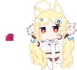 Rule 34 | 1girl, :&lt;, ahoge, animal ears, azur lane, bailingxiao jiu, blonde hair, blush, brown eyes, cat ears, cat girl, cat tail, chibi, closed mouth, commentary request, detached sleeves, dress, eldridge (azur lane), electricity, full body, gem, hair ornament, heart, heart-shaped pupils, highres, kemonomimi mode, long hair, long sleeves, low twintails, puffy long sleeves, puffy sleeves, red gemstone, simple background, sleeveless, sleeveless dress, sleeves past wrists, solo, standing, standing on one leg, symbol-shaped pupils, tail, thighhighs, twintails, very long hair, white background, white dress, white thighhighs