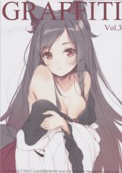 Rule 34 | 1girl, absurdres, animal ears, bare shoulders, black hair, breasts, cleavage, closed mouth, collarbone, cover, grey background, highres, imaizumi kagerou, ke-ta, long hair, long sleeves, looking at viewer, medium breasts, red eyes, simple background, sketch, solo, tail, touhou, wolf ears, wolf tail