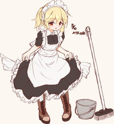 Rule 34 | 1girl, alternate costume, apron, black dress, blonde hair, blush, boots, braid, broom, brown background, brown footwear, bucket, cross-laced footwear, dated, dress, enmaided, frilled apron, frilled dress, frills, full body, girls&#039; frontline, hair between eyes, highres, lace-up boots, looking at viewer, maid, maid apron, maid headdress, matsuo (matuonoie), nagant revolver (girls&#039; frontline), parted lips, ponytail, puffy short sleeves, puffy sleeves, red eyes, short sleeves, simple background, solo, standing, white apron