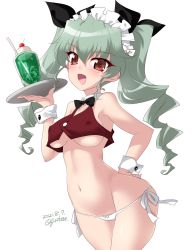 Rule 34 | 1girl, anchovy (girls und panzer), artist name, black bow, black bowtie, blush, bow, bowtie, breasts, brown eyes, covered erect nipples, dated, drink, girls und panzer, green hair, hair ornament, hair ribbon, hand on own hip, highres, kuzuryuu kennosuke, large breasts, long hair, looking at viewer, maid headdress, navel, open mouth, panties, ribbon, simple background, smile, solo, twintails, underboob, underwear, waitress, white background, white panties
