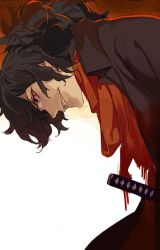 Rule 34 | 1boy, alternate eye color, black hair, blood, blood on clothes, fate/grand order, fate (series), from side, hair between eyes, hair over one eye, japanese clothes, katana, koha-ace, long hair, long sleeves, looking at viewer, male focus, okada izou (fate), one eye covered, pako (pakosun), parted bangs, ponytail, scarf, smile, solo, sword, upper body, weapon, white background