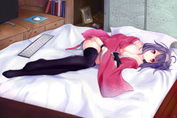 Rule 34 | 10s, 1girl, ahoge, bad id, bad pixiv id, bare shoulders, bed sheet, black thighhighs, blush, book, breasts, cleavage, collarbone, floral print, full body, gloves, headband, highres, i naga chi, indoors, japanese clothes, jewelry, kantai collection, keyboard (computer), kimono, large breasts, looking at viewer, lying, monitor, mouse (computer), no bra, no nose, on bed, on side, open clothes, open kimono, partially fingerless gloves, partly fingerless gloves, pillow, pink eyes, purple hair, ring, ryuuhou (kancolle), short hair, smile, solo, taigei (kancolle), thighhighs, wide sleeves, wristband, yugake