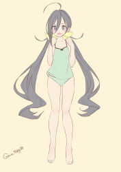 Rule 34 | 1girl, :d, ahoge, artist name, bare legs, bare shoulders, barefoot, blush response, camisole, full body, green panties, grey eyes, grey hair, hair between eyes, hair ornament, kantai collection, kiyoshimo (kancolle), long hair, looking at viewer, low twintails, nagi (shunsuke-manage), open mouth, panties, simple background, smile, solo, spaghetti strap, standing, tareme, twintails, underwear, underwear only, v-shaped eyebrows, very long hair, yellow background