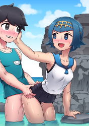 Rule 34 | 1girl, arm support, armpits, bent over, black eyes, black hair, blue eyes, blue hair, blush, bottomless, breasts, clothed sex, cloud, covered erect nipples, creatures (company), day, elio (pokemon), game freak, hand up, happy, happy sex, highres, lana (pokemon), legs, looking back, mackgee, nintendo, ocean, open mouth, outdoors, partially submerged, pokemon, pokemon sm, pokemon usum, rock, sex, short hair, sky, small breasts, smile, sweat, swimsuit, thighs, torso grab, vaginal, water, wet, you (pokemon usum)