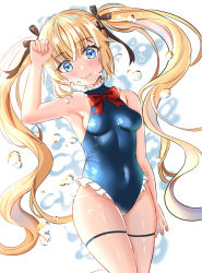 Rule 34 | 1girl, armpits, azur lane, blonde hair, blue eyes, blue one-piece swimsuit, blunt bangs, blush, bow, bowtie, breasts, closed mouth, commentary request, covered navel, dead or alive, eyes visible through hair, fang huu (funfox), frills, hair between eyes, hair bow, hair ornament, hair ribbon, hand up, highleg, highleg swimsuit, highres, long hair, looking at viewer, marie rose, marie rose (devilish servant against the splashing waves), medium breasts, one-piece swimsuit, red bow, ribbon, sideboob, sidelocks, simple background, smile, solo, swimsuit, twintails, very long hair, water drop, white background, x hair ornament