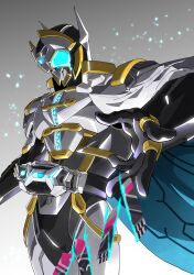 Rule 34 | 1boy, absurdres, amakawa mayu, armor, blue eyes, cape, character request, driver (kamen rider), full armor, gauntlets, glowing, glowing eyes, highres, kamen rider, kamen rider outsiders, kamen rider zein, male focus, open hand, side cape, tokusatsu, white armor