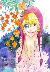 Rule 34 | 1boy, blonde hair, cigarette, coat, commentary request, dated, donquixote rocinante, flower, fur coat, hair between eyes, hanakotoba28, happy birthday, hat, heart, highres, looking to the side, male focus, one piece, shirt, short hair, solo, upper body