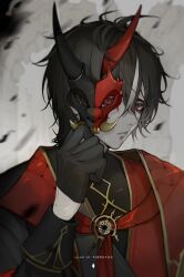 Rule 34 | 1boy, artist name, ashes, black gloves, black hair, blurry, blurry background, clothing request, crossed bangs, diamond-shaped pupils, diamond (shape), dyed bangs, eyelashes, furrowed brow, gloves, gold trim, hair between eyes, highres, horns, lips, long sleeves, looking at viewer, mask, nose, oni, oni mask, original, prince, red eyes, ruins, shirt, shy, single horn, solo, symbol-shaped pupils, teeth, the cecile, upper teeth only
