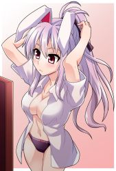 Rule 34 | 1girl, :&lt;, adjusting hair, animal ears, arms behind head, arms up, black panties, blush, bow, bow panties, breasts, rabbit ears, changing clothes, cleavage, curvy, highres, hip focus, lace, lace-trimmed panties, lace trim, light purple hair, long hair, medium breasts, navel, open clothes, open shirt, panties, pink hair, ponytail, purple hair, red eyes, reisen udongein inaba, see-through silhouette, shirt, solo, sweat, sweatdrop, tanakara, thighs, touhou, underwear