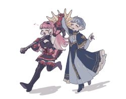 Rule 34 | 2girls, arm up, armpits, axe, blue hair, boots, braid, breasts, cleavage, crown braid, dress, earrings, closed eyes, fire emblem, fire emblem: three houses, freikugal (weapon), full body, gloves, holding hands, heroes relic (fire emblem), high heel boots, high heels, hilda valentine goneril, holding, holding axe, jewelry, long hair, long sleeves, marianne von edmund, multiple girls, nintendo, ononooooooooooo, open mouth, pink hair, ponytail, red gloves, short dress, simple background, standing, thighhighs, white background