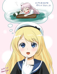Rule 34 | 2girls, blonde hair, blue eyes, blue sailor collar, dated, dress, gloves, hat, imagining, jervis (kancolle), kantai collection, looking up, maira gen, multiple girls, pola (kancolle), sailor collar, sailor dress, sailor hat, short sleeves, solo focus, translation request, twitter username, upper body, white gloves, white hat