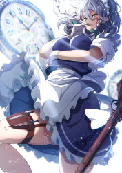 Rule 34 | 1girl, absurdres, apron, arm under breasts, blood, blood on face, blue eyes, blue hair, blue skirt, blue vest, blurry, bow, bowtie, braid, breasts, cigarette, clock, depth of field, feet out of frame, frilled apron, frilled skirt, frills, gloves, green bow, green bowtie, gun, hair bow, highres, holding, holding cigarette, izayoi sakuya, knife, large breasts, looking at viewer, maid, maid apron, maid headdress, mot (gnun2235), puffy short sleeves, puffy sleeves, rifle, short sleeves, skirt, solo, thigh strap, thighs, touhou, twin braids, vest, waist apron, waist bow, weapon, white gloves