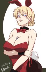 Rule 34 | 1girl, alternate costume, animal ears, arm grab, artist name, bad id, bad twitter id, between breasts, black collar, black pantyhose, blonde hair, blue eyes, bow, bowtie, braid, breast hold, breasts, cleavage, closed mouth, collar, commentary, darjeeling (girls und panzer), dated, detached collar, earrings, fake animal ears, fake tail, girls und panzer, half-closed eyes, highres, hizuke aki, jewelry, large breasts, leotard, lighter, lips, looking at viewer, one-hour drawing challenge, pantyhose, playboy bunny, rabbit ears, rabbit tail, red bow, red bowtie, red leotard, short hair, signature, smile, solo, standing, strapless, strapless leotard, tail, translated, twin braids, wing collar, wrist cuffs