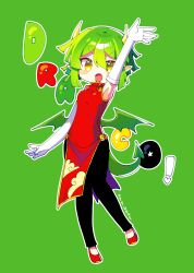 Rule 34 | !, 1girl, absurdres, arm up, armpits, black pants, blush stickers, breasts, character name, china dress, chinese clothes, demon tail, demon wings, draco centauros, dragon tail, dress, elbow gloves, fang, female focus, full body, gloves, green background, green hair, green wings, highres, horns, knees together feet apart, looking at viewer, madou monogatari, medium breasts, no nose, offbeat, open mouth, outline, pants, pants under dress, pelvic curtain, pointy ears, puyopuyo, red dress, red footwear, short hair, signature, simple background, sleeveless, solo, tail, v-shaped eyebrows, white gloves, white outline, wings, yellow eyes, yellow horns