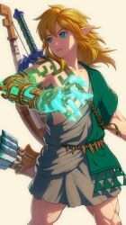 Rule 34 | 1boy, archaic set (zelda), arrow (projectile), bite addict, blonde hair, blue eyes, bow (weapon), commentary, fingernails, floating hair, glowing, glowing arm, hair between eyes, highres, link, long hair, male focus, master sword, nintendo, pointy ears, quiver, shield, short male, simple background, solo, sword, tattoo, the legend of zelda, the legend of zelda: tears of the kingdom, triforce print, weapon, white background