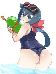Rule 34 | 1girl, ass, bare shoulders, blue eyes, blue hair, blush, bow, breasts, constanze amalie von braunschbank-albrechtsberger, from behind, goggles, goggles on head, hair bow, half-closed eyes, highres, lightsource, little witch academia, long hair, looking at viewer, looking back, one-piece swimsuit, partially submerged, ponytail, simple background, skindentation, small breasts, solo, sweatdrop, swimsuit, thick eyebrows, wading, water, water gun, white background