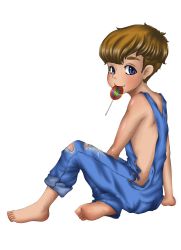 Rule 34 | 1boy, absurdres, barefoot, blue eyes, blush, brown hair, candy, child, food, highres, lollipop, male focus, mybabyboy, overalls, simple background, sitting, solo, toes, torn clothes, white background